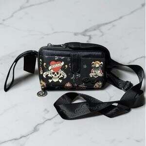 Ed Hardy Black Crossbody Bag with Skull and Heart Graphics